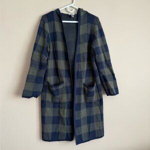 Denim & Company Green Blue Plaid Long Cardigan Sweater Jacket Hood Size Large LP
